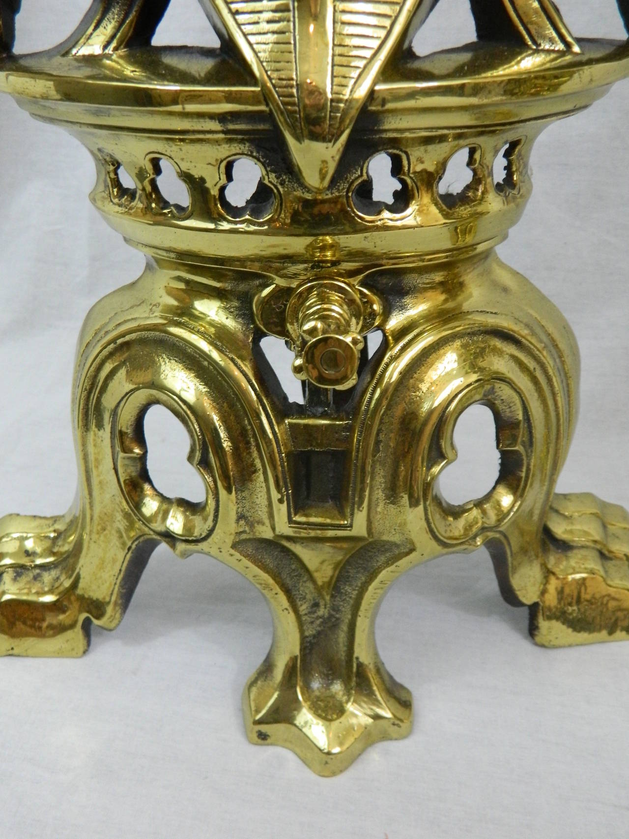 19th Century Pair of Armorial Polished Brass Chenet or Andirons and Bar 3