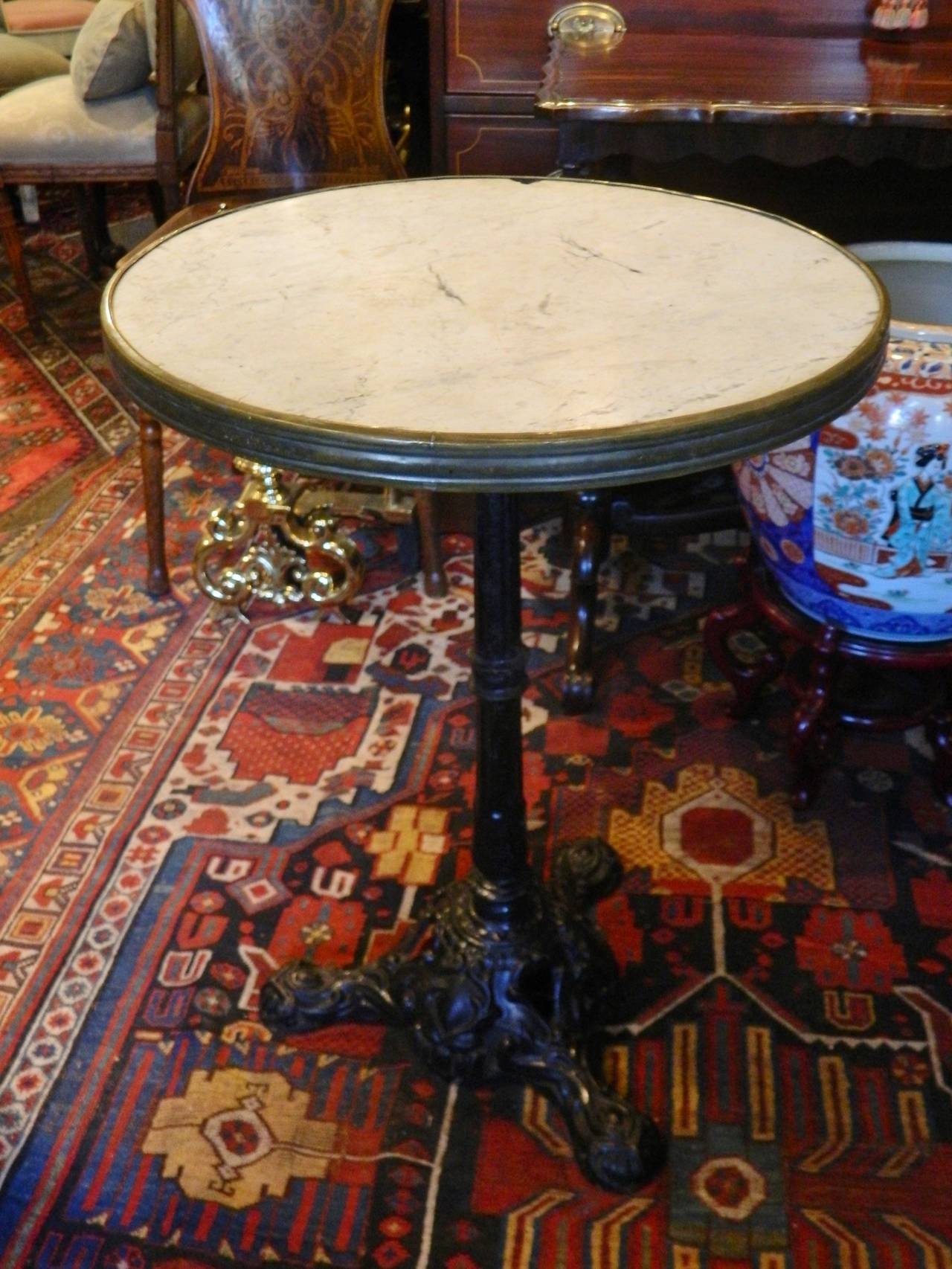 French Cast Iron Base and Marble-Top Round Bistro or Cafe Table, 19th Century