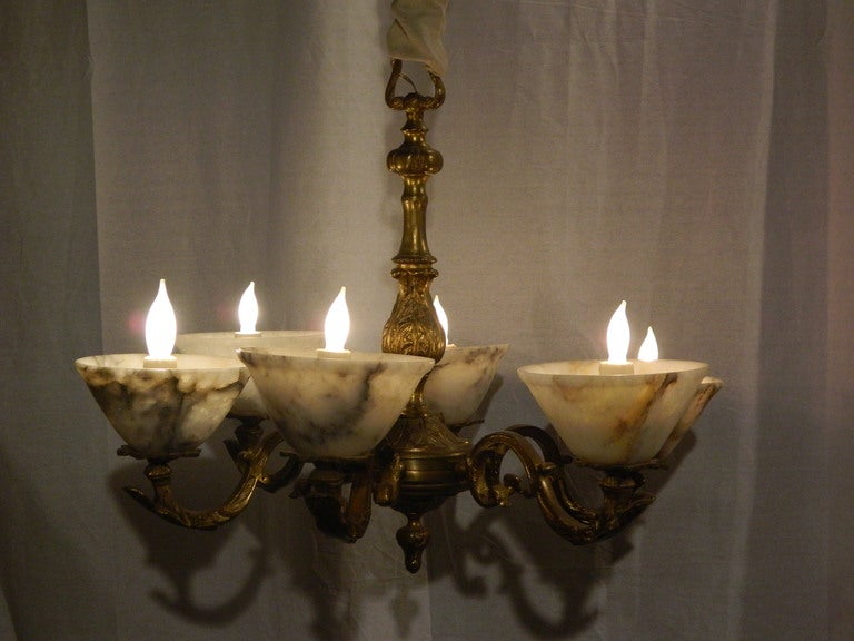 Chased Antique Six-Light Chandelier in Bronze, circa 1870 In Good Condition In Savannah, GA