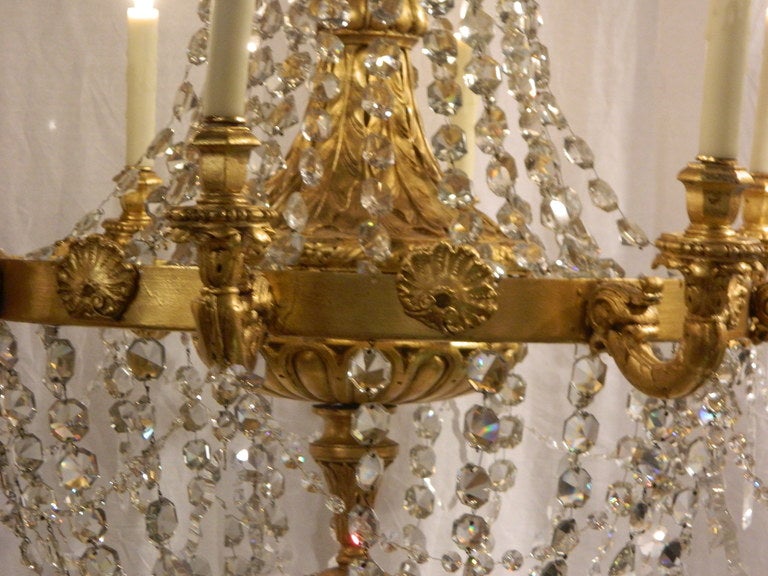 French Large Giltwood Eight-Light Chandelier with Crystal Swags, 19th Century