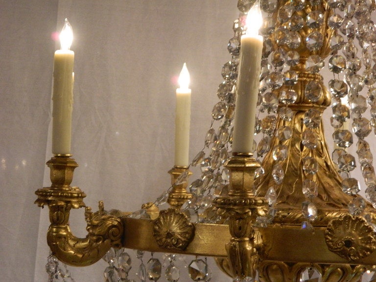 Large Giltwood Eight-Light Chandelier with Crystal Swags, 19th Century 1