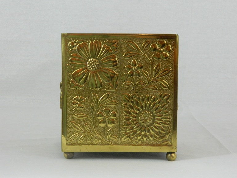 French Embossed Brass Square Jardiniere with Original Liner