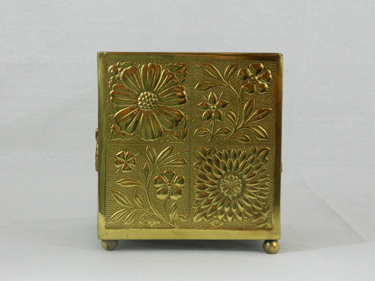 Embossed Brass Square Jardiniere with Original Liner In Good Condition In Savannah, GA