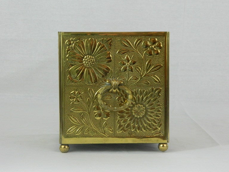 19th Century Embossed Brass Square Jardiniere with Original Liner