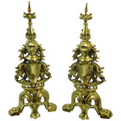 19th Century Pair of Armorial Polished Brass Chenet or Andirons and Bar