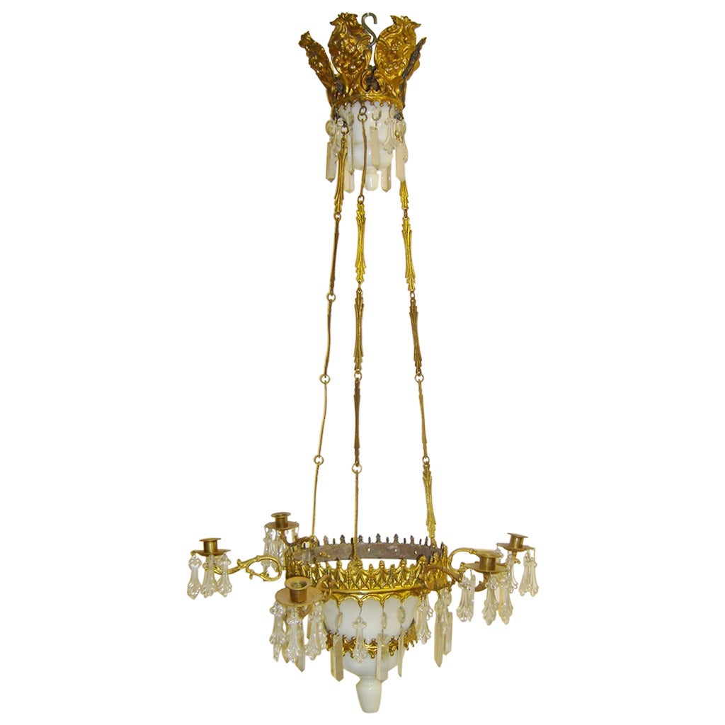 19th Century French Six-Light Chandelier with Opaline Glass and Brass