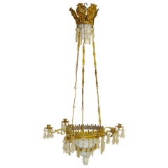 Antique 19th Century French Six-Light Chandelier with Opaline Glass and Brass