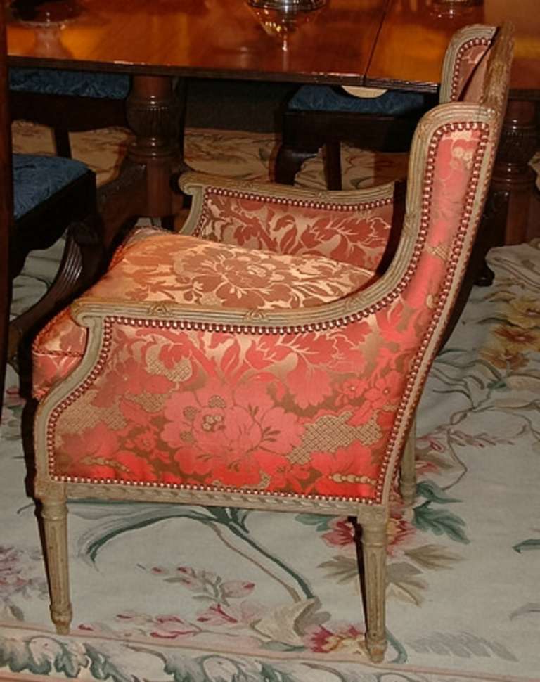 French 20th Century Louis XV Style Painted Bergere or Chair on Tapered Fluted Legs