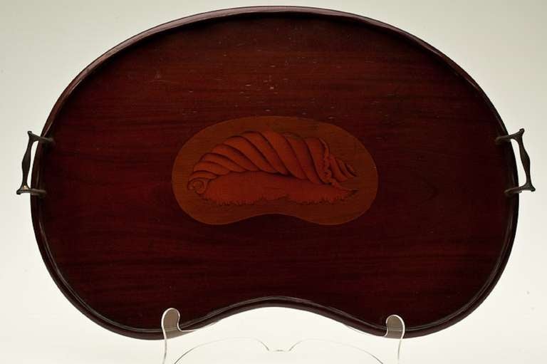 19th century George III style kidney shaped mahogany tray inlaid with a shell and mounted with carrying handles.
                 