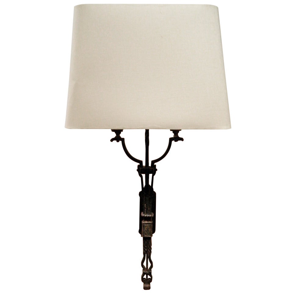 19th Century Large Iron Wall Sconce with Linen Shade