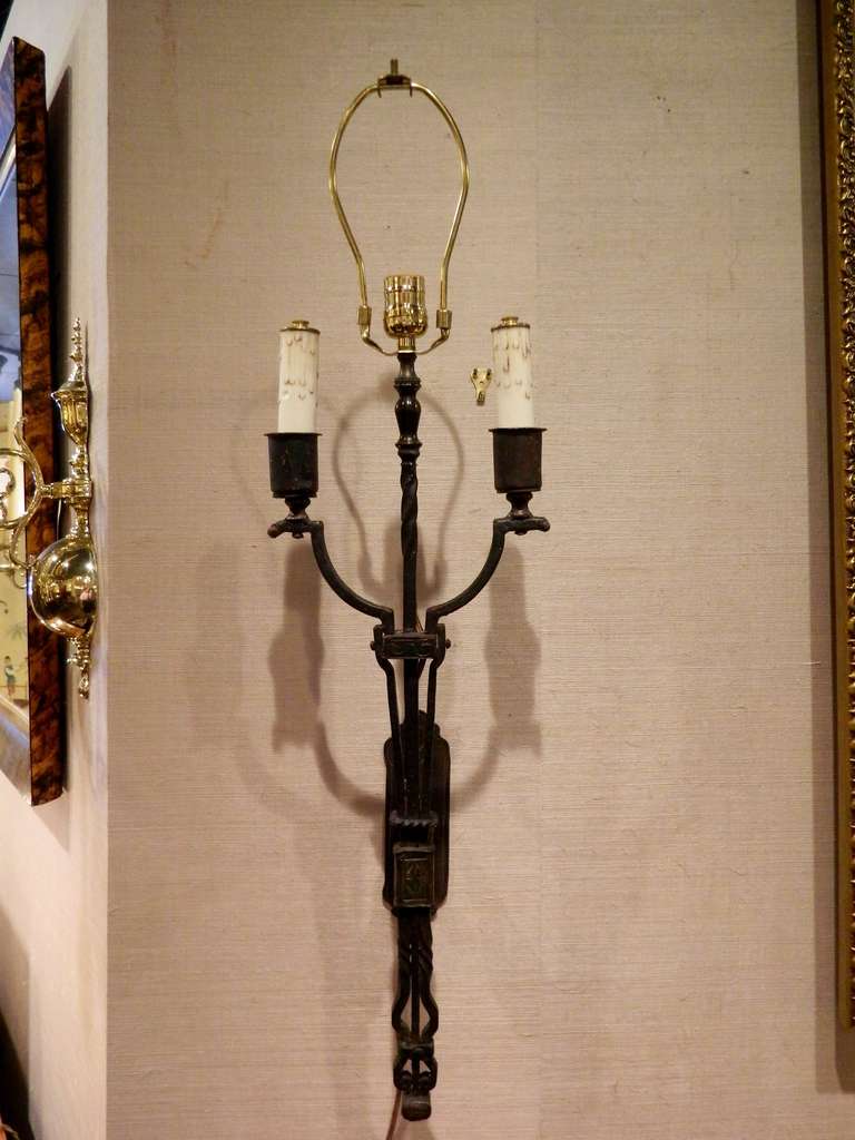 19th Century Large Iron Wall Sconce with Linen Shade 1