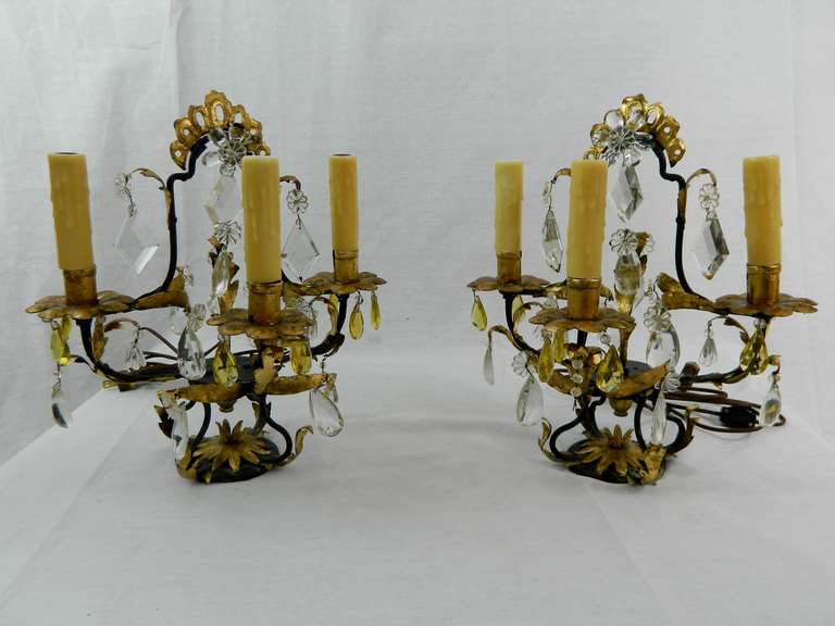 Rococo Pair of Italian Tôle Peinte Three-Light Girandole or Lamps, 19th Century