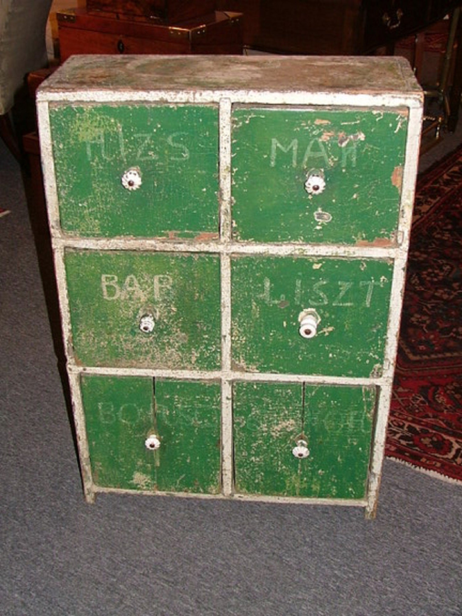 Distressed Country French Six-Drawer Painted Cabinet, 19th Century