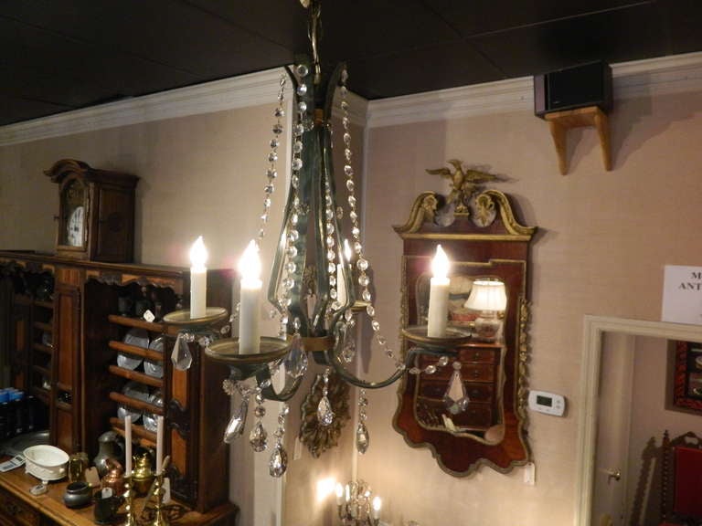 19th Century French Painted Green and Gold Iron and Crystal Chandelier In Good Condition For Sale In Savannah, GA