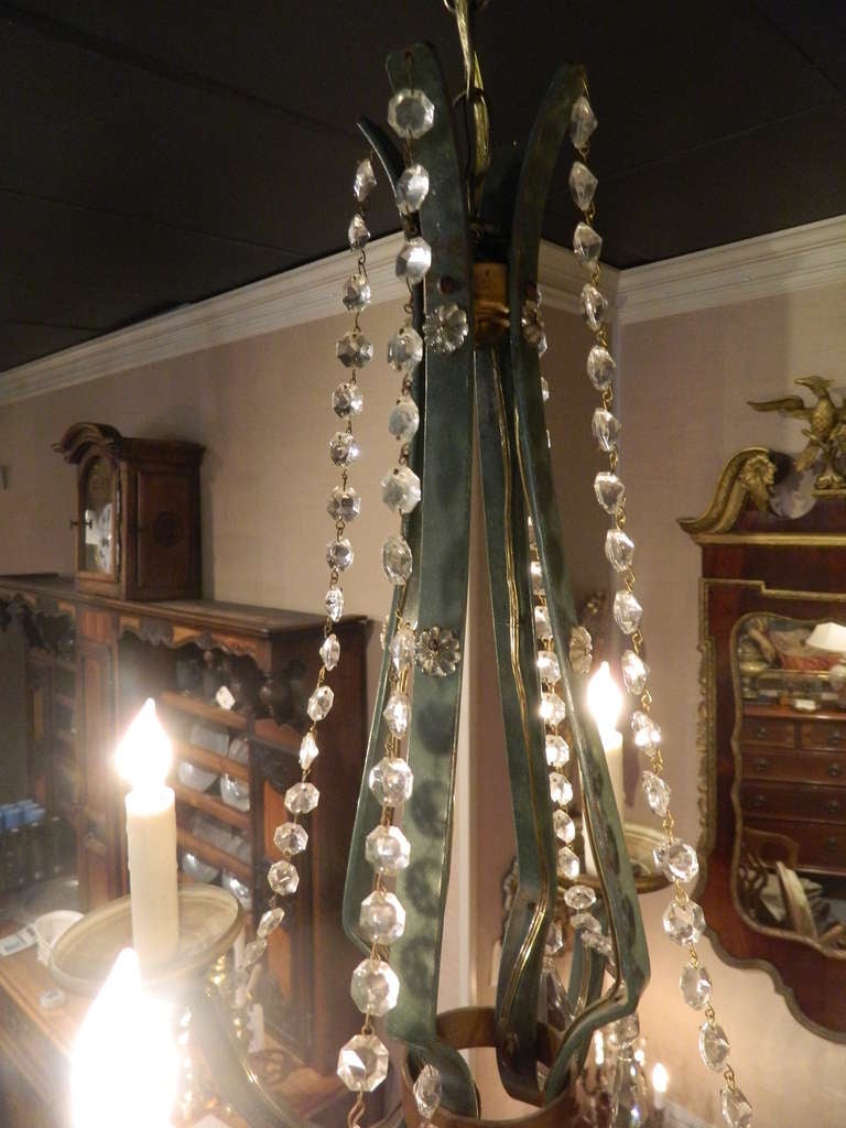 19th Century French Painted Green and Gold Iron and Crystal Chandelier For Sale 2
