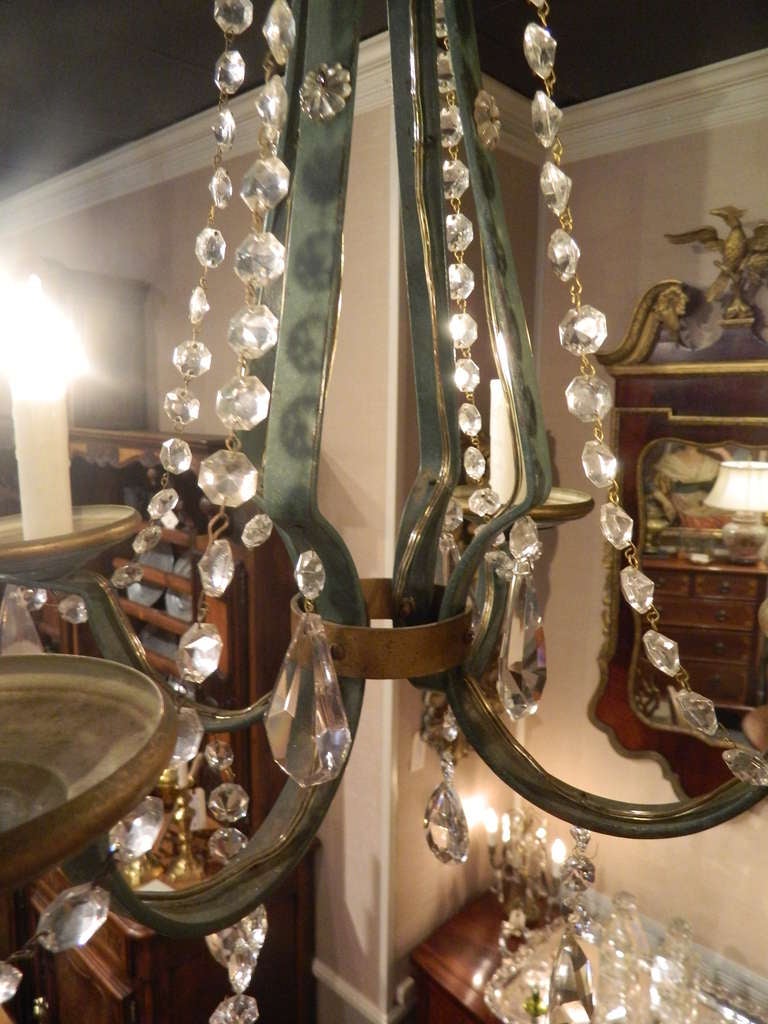 19th Century French Painted Green and Gold Iron and Crystal Chandelier For Sale 3