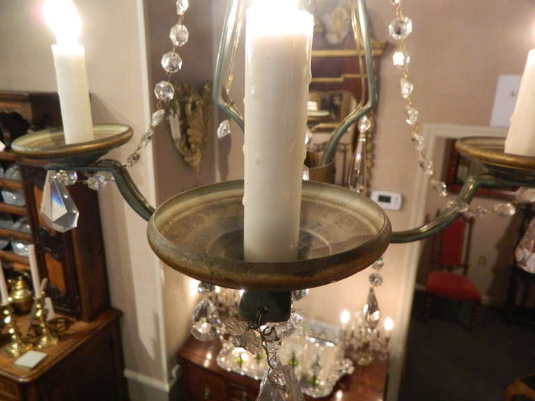 19th Century French Painted Green and Gold Iron and Crystal Chandelier For Sale 4