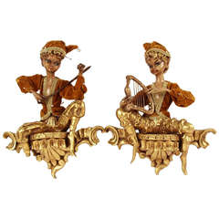 Late 19th/Early 20th Century Italian Pair of Carved Giltwood Wall Plaques Depicting Musical Figures