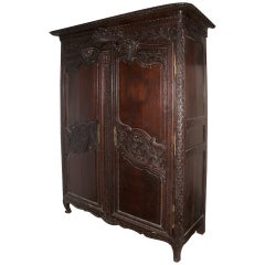 Antique Louis XV Style Oak Armoire with Wood Shelves, 19th Century