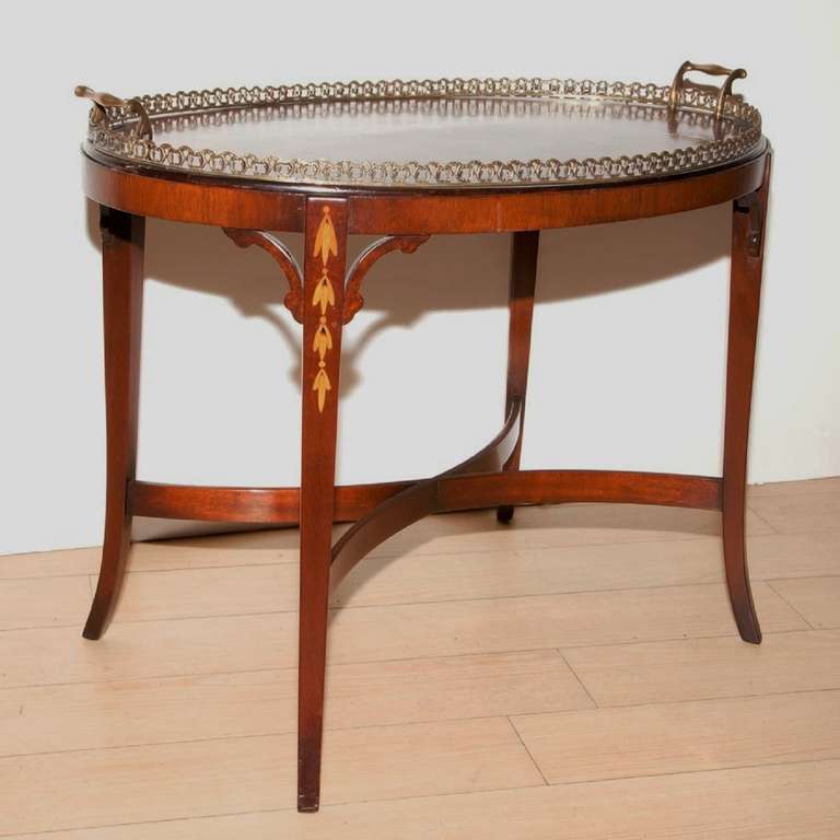 20th Century Edwardian Style Inlaid Mahogany and Silver Tray on Stand 3