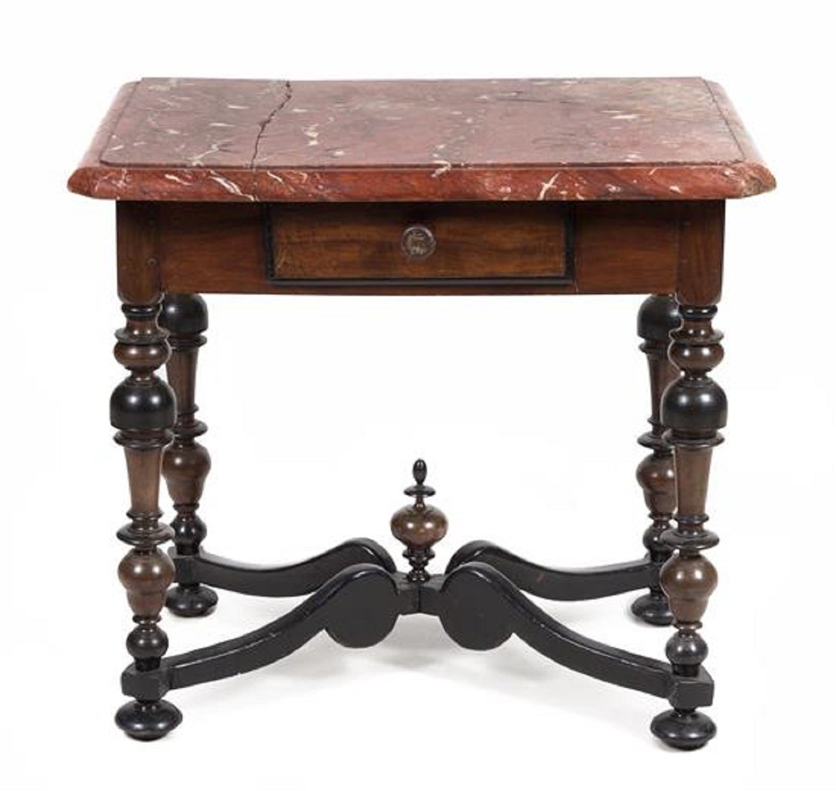 A Portuguese Walnut Side Table having a rectangular marble top over a single frieze drawer, raised on turned legs joined by an X-form stretcher, Early 18th Century