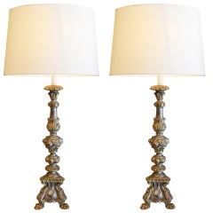 Pair of Italian Carved and Gilt Wood Prickets Adapted as Lamps