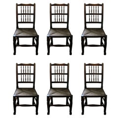 English Set of Six Ash with Birch Crest Rail and Rush Chairs, 18th Century