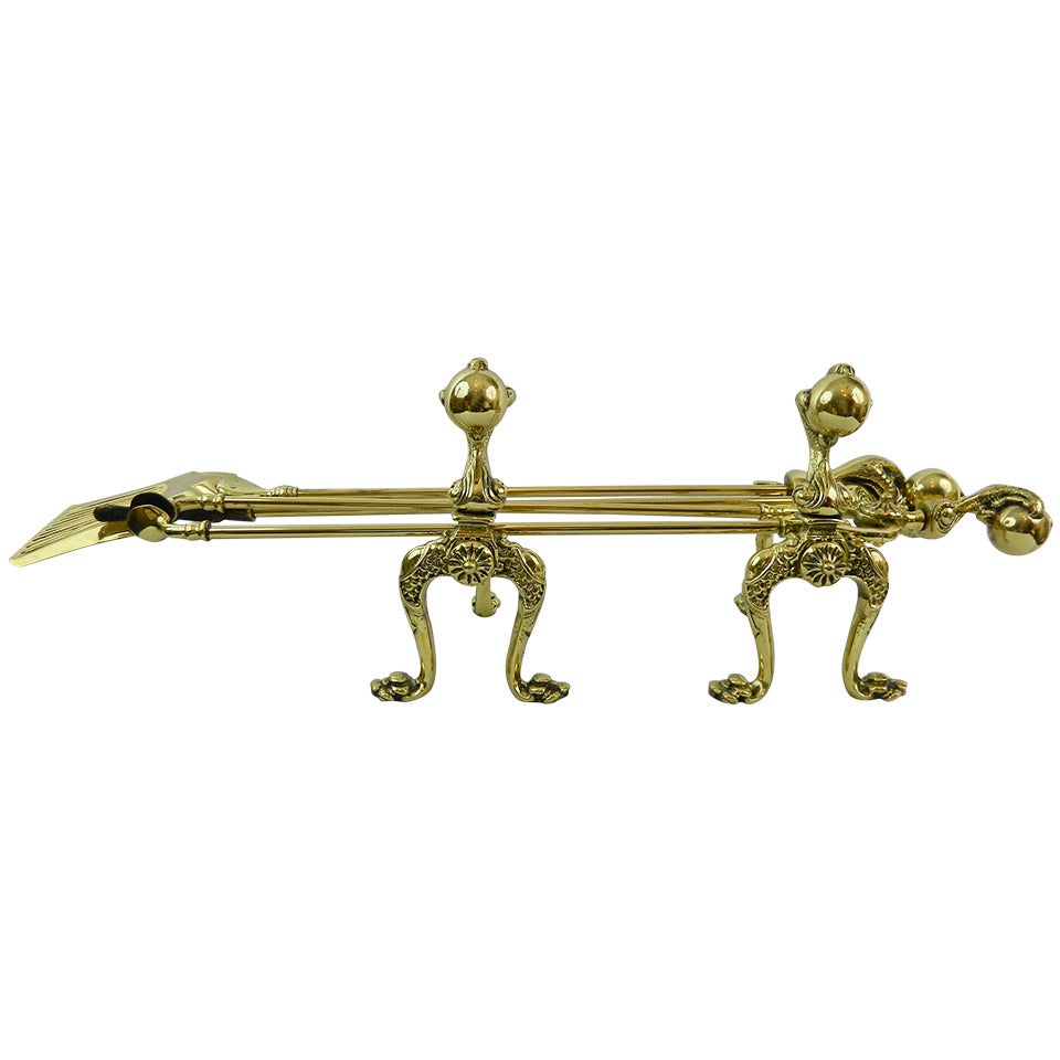 French Brass Fire and Dog Irons or Fire Tools, 19th Century For Sale