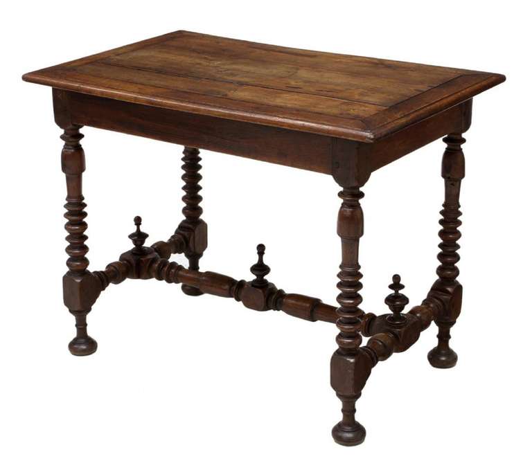 19th century Louis XIII oak work or side table, the rectangular multi-board top raised on turned spool legs joined by turned stretcher with finials on spool feet.