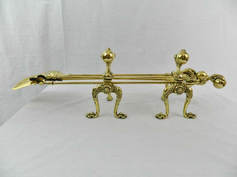 French Brass Fire and Dog Irons or Fire Tools, 19th Century In Good Condition For Sale In Savannah, GA