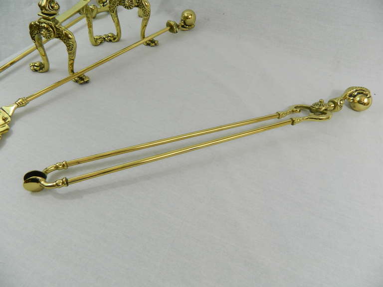 French Brass Fire and Dog Irons or Fire Tools, 19th Century For Sale 6