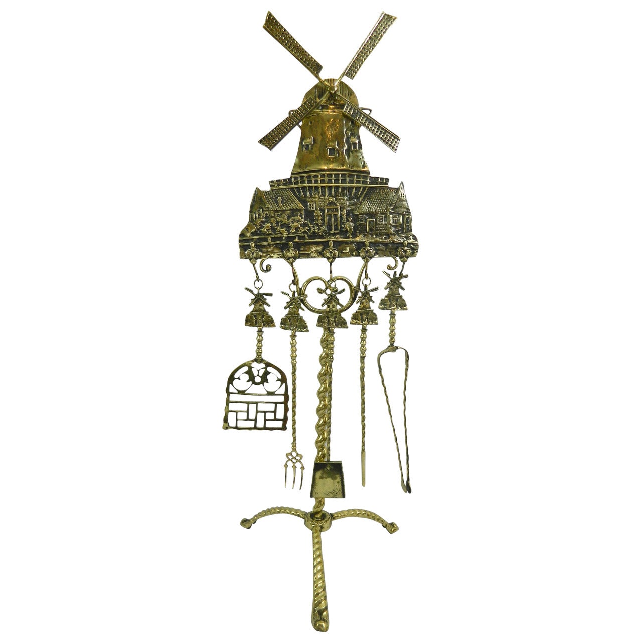 Polished Brass Windmill Design Set of Five Fireplace Tools, 19th Century