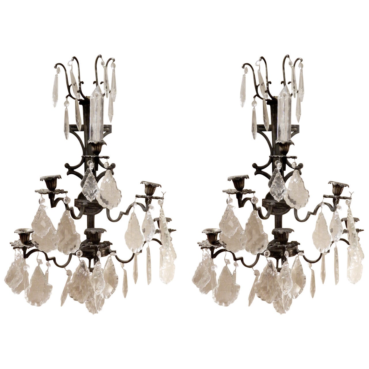 Pair of Spanish Iron and Crystal Five-Light Wall Sconces, 19th Century