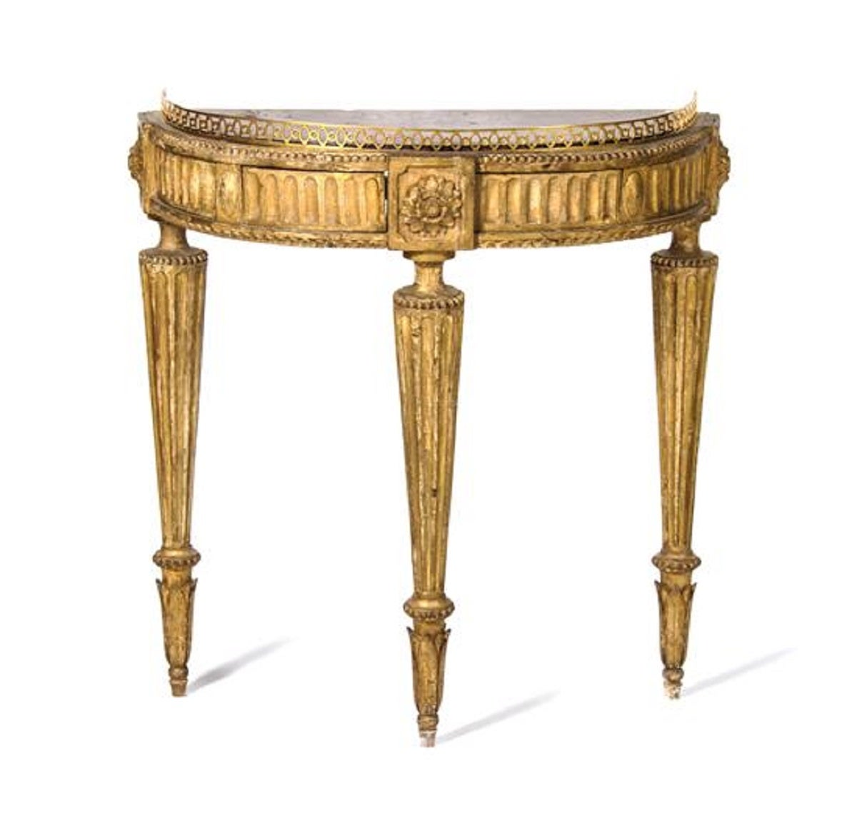 Swedish Painted Console Table having a demilune marble-inset galleried top above a fluted frieze, raised on fluted tapering legs, 18th Century