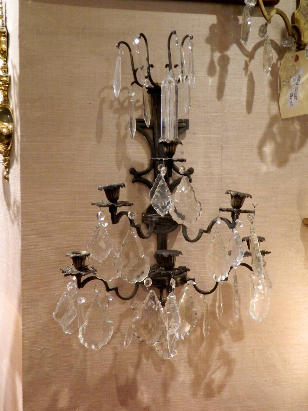19th Century Pair of Spanish Iron and Crystal Five Light Wall Sconces