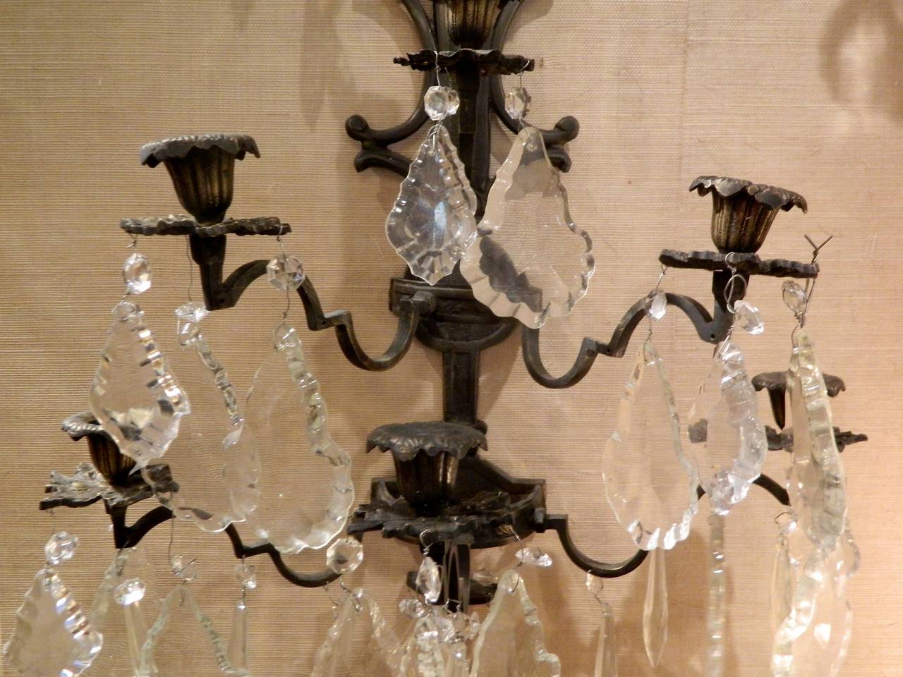 Pair of Spanish Iron and Crystal Five-Light Wall Sconces, 19th Century 3