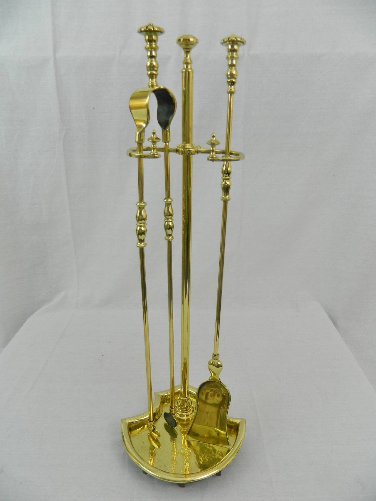 Polished Brass Fireplace Tool Set and Stand, 19th Century In Excellent Condition In Savannah, GA