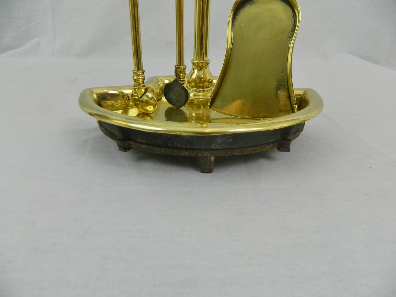 French Polished Brass Fireplace Tool Set and Stand, 19th Century