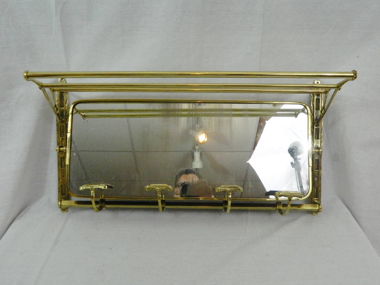 Polished Brass Coat Rack with a Top Rack and Original Mirror, 19th Century 2