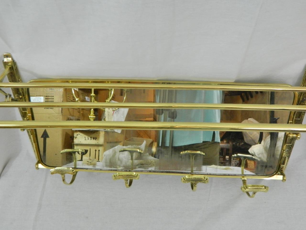 French Polished Brass Coat Rack with a Top Rack and Original Mirror, 19th Century