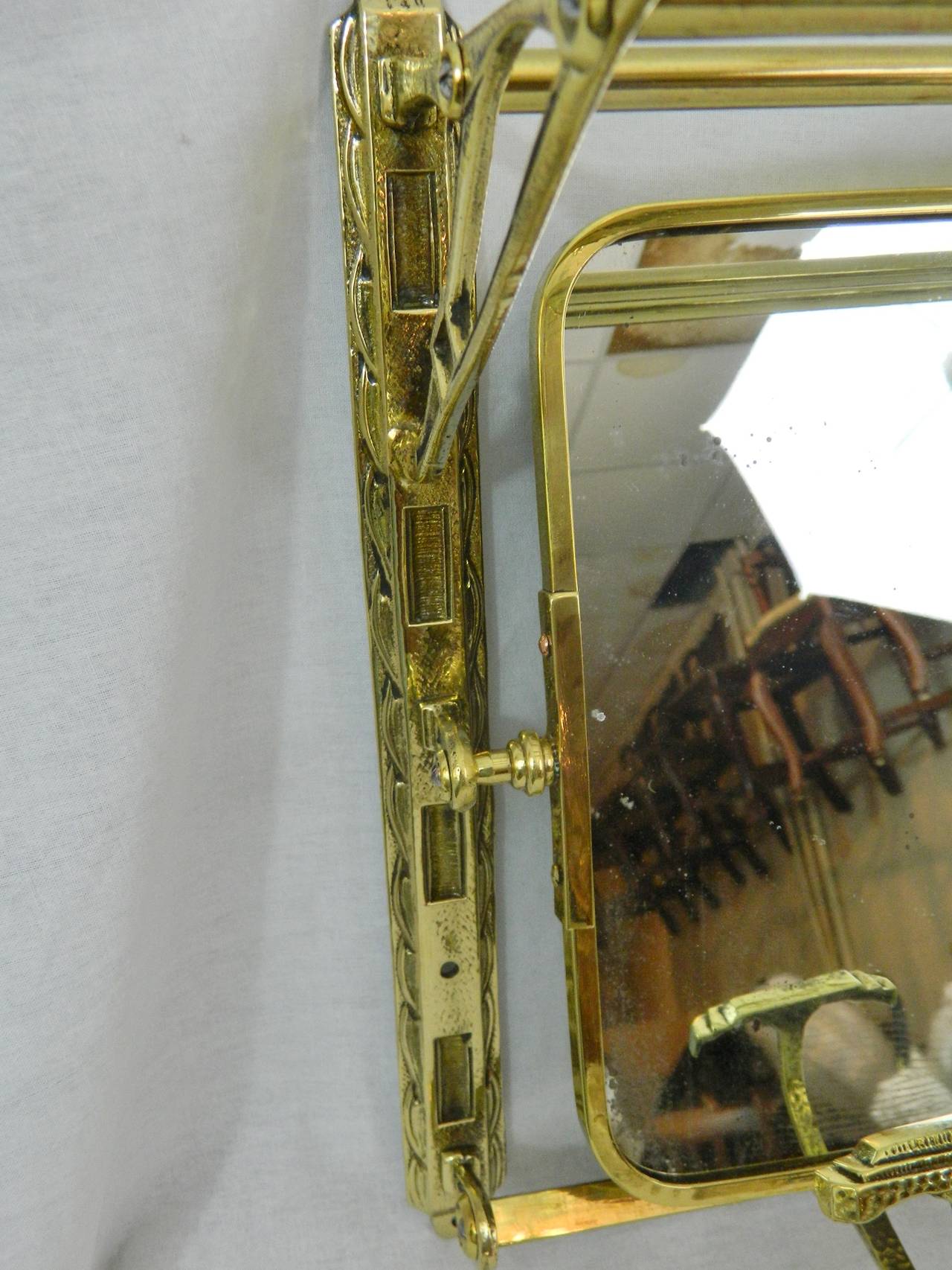 Polished Brass Coat Rack with a Top Rack and Original Mirror, 19th Century 1