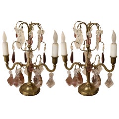 Pair of French Girandole or Table Lamps with Crystal and Amethysts, 19th Century