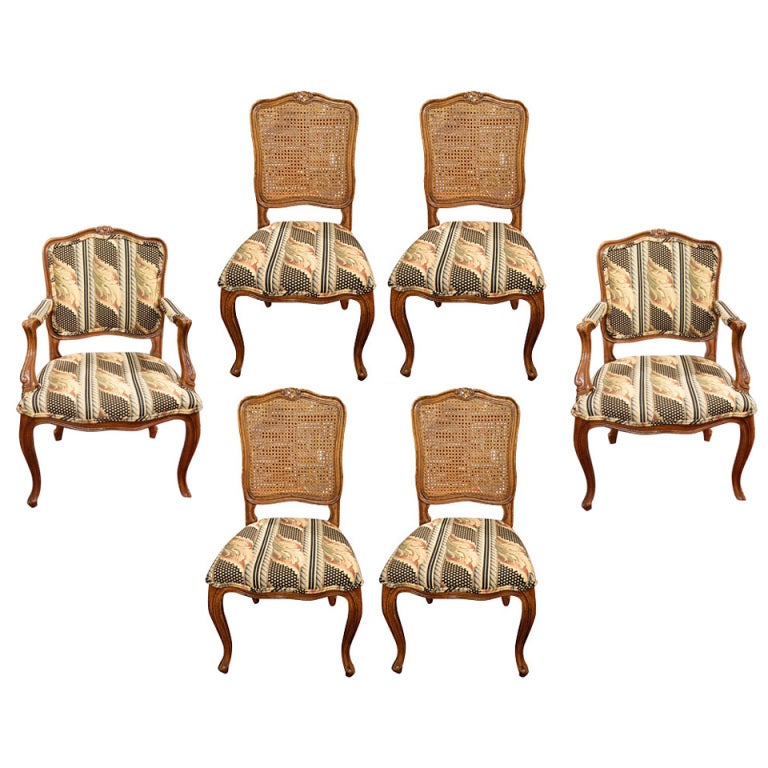 Set of Six French Style Chairs with Caning Backs and Upholstered Seats at 1stDibs