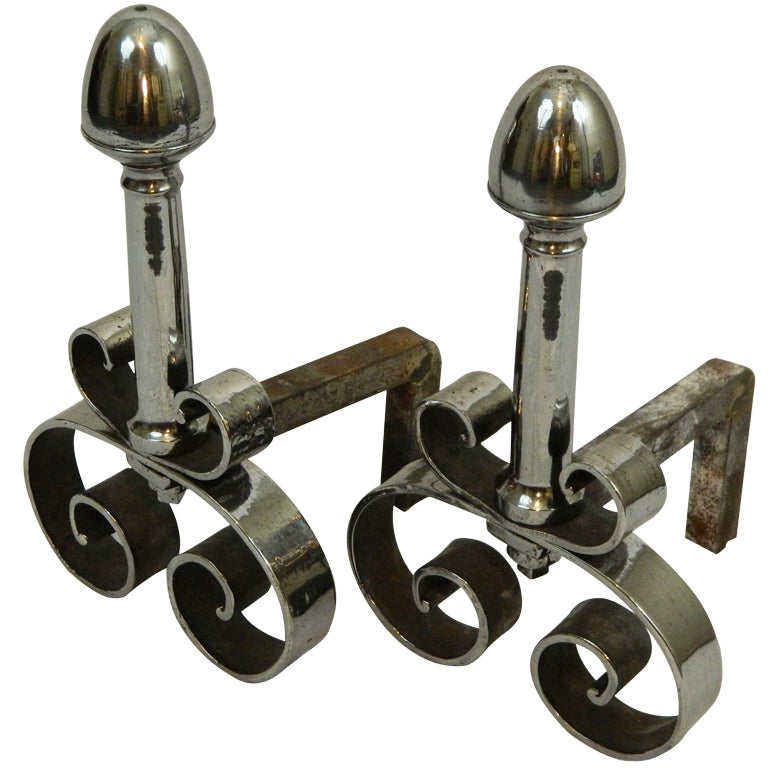 19th Century Pair of Polished Steel Chenets or Andirons