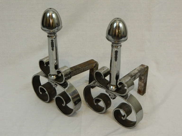 French 19th Century Pair of Polished Steel Chenets or Andirons