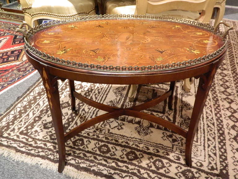 English 20th Century Edwardian Style Inlaid Mahogany and Silver Tray on Stand