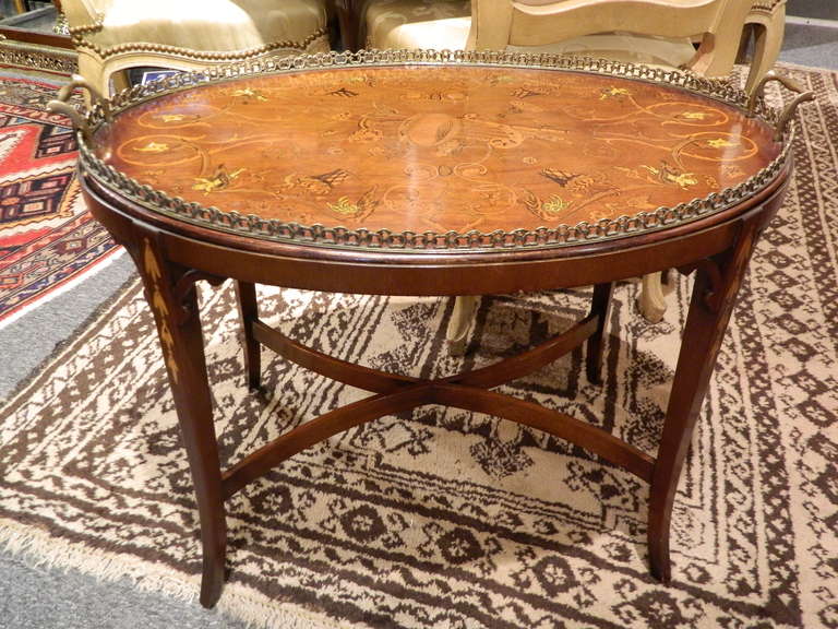 20th Century Edwardian Style Inlaid Mahogany and Silver Tray on Stand In Excellent Condition In Savannah, GA