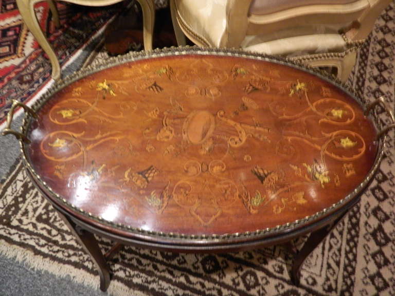 20th Century Edwardian Style Inlaid Mahogany and Silver Tray on Stand 1