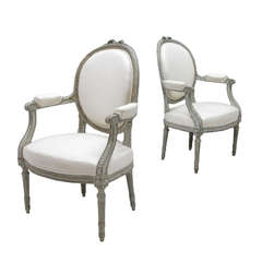 Late 19th Century Pair of French Louis XVI Style Fauteuil or Armchairs on Tapered Ribbed Legs
