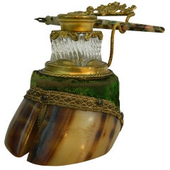 Antique Hoof Mounted Encrier or Inkwell with Brass Fittings, 19th Century